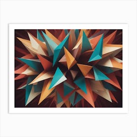 A Colorful, Spiky Sphere Explodes Outward, With Sharp, Triangular Facets In Shades Of Blue, Orange, Red, And White Art Print