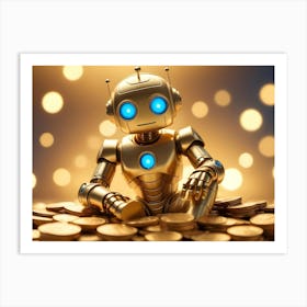 A Golden Robot Sitting On A Pile Of Gold Coins With A Bokeh Background Art Print