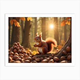 Red Squirrel Sitting On A Log Surrounded By Acorns In A Forest 7 Art Print