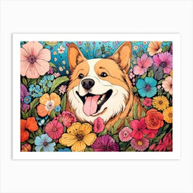 Corgi In The Garden Art Print