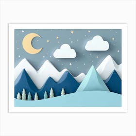 Hand Drawn Modern Mountain Landscape With Stars, Clouds And Moon 1 Art Print