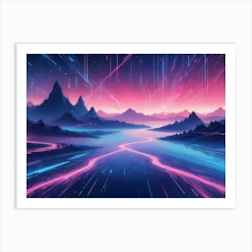 A Digital Illustration Of A Vibrant Landscape With Pink And Blue Lights Shooting Across A River And Mountains, Creating A Sense Of Movement And Wonder Art Print