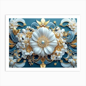 An Intricate 3d Artwork Illustration with A White and Blue Backdrop, Embellished with Gold Jewelry Art Print