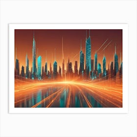 Abstract Image Of A City Skyline With Glowing, Orange Lines, Resembling A Digital Network Or A Futuristic Cityscape Art Print