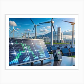 Solar Panel And Wind Turbines With A Monitor Displaying Data Art Print