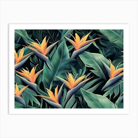 Seamless Pattern, Tropical Strelitzia Flowers, Palm Leaves in Green Color Art Print