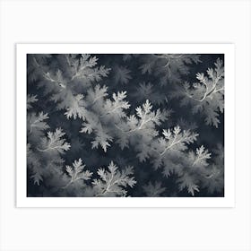 A Pattern Of White, Stylized Leaves On A Dark Blue Background Art Print