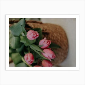 Pink Tulips In A Basket 1 Art Print