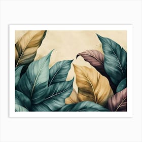 Vintage Tropical Green Brown Leaves with Golden Texture Art Print