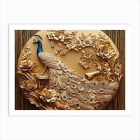 Golden 3d Peacock Floral Wooden 1 Art Print