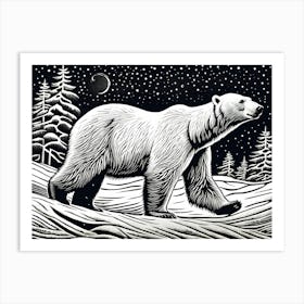 Polar Bear Cavorting In The Arctic Expanse Linocut Art, animal art, 168 Art Print