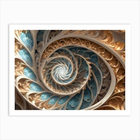 Intricate Fractal Spiral With Ornate Details In Gold, White, And Teal, Creating A Sense Of Depth And Dimension Art Print