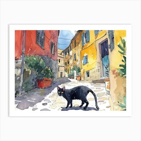 Ajaccio, France   Black Cat In Street Art Watercolour Painting 2 Art Print