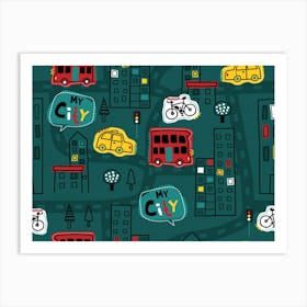 Seamless Pattern Hand Drawn With Vehicles Buildings Road Art Print