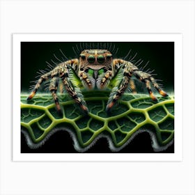 Cute jumping spider On A green leaf macro Leaf 1 Art Print