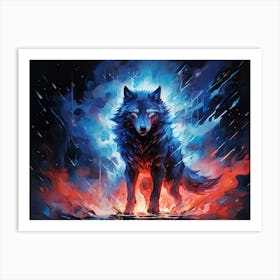 Full Body Wolf Emanating Powerful Glow Blue And Red Sparks Accentuating Its Form Surrounded By Dec Art Print