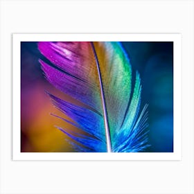 Vibrant Macro Photography Of A Single Bird Feather Exhibiting A Dazzling Blend Of Blue Yellow Red Art Print