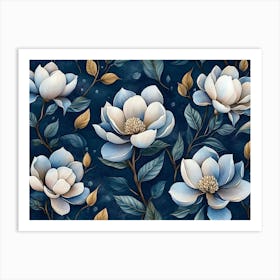 Luxurious Dark Blue Watercolor Artwork Features Exotic Magnolia Flowers in A Seamless, Baroque inspired 3d Floral Art Print