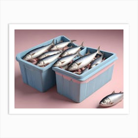 Two Blue Plastic Crates Overflowing With Silver Fish Sit On A Pink Background Art Print