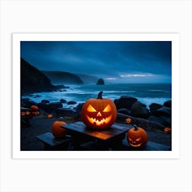 Coastline Celebration Captured At Dusk A Single Jack O Lantern With A Carved Face Glowing Eerily On (2) Art Print