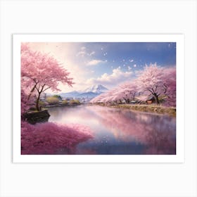 Pink River: A Magical Oil Painting of Cherry Blossoms and Mount Fuji Art Print