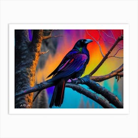 Vibrant Rainbow Raven Upon A Bare Tree Color Painting Art Print