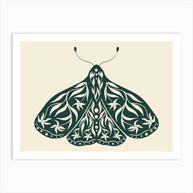 Folk Art Moth 01 - Midnight Green Art Print