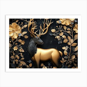 Gold Deer With Flowers Art Print