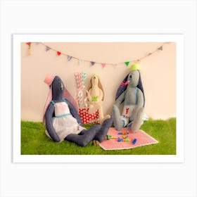 Handmade Cloth Rabbit Dolls Sitting On The Grass And Celebrating In Party Concept Art Print