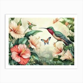 Vintage Tropical Background With Protea, Hibiscus Flowers, Leaves, Hummingbirds, Butterflies 3 Art Print