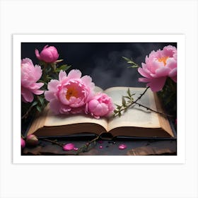 Pink Peonies Arranged On An Open Book With A Dark, Smoky Background Art Print