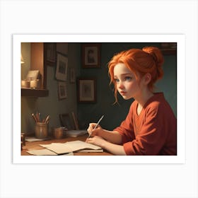 A Young Woman With Red Hair Sits At A Desk Writing In A Notebook, With Warm, Soft Lighting And A Cozy, Homely Setting Art Print