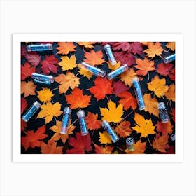 Autumn Composition With Vibrant Red, Orange, And Yellow Maple Leaves Arranged On A Dark Background, Adorned With Scattered Glitter In Small Vials Art Print