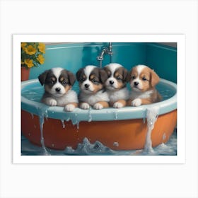 Four Puppies In A Tub Art Print