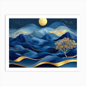 Blue Sky With Gold Tree. 3d art with night landscape with mountains, golden tree and gold waves Art Print