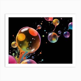 Abstract Colorful Bubbles With Splashes On Black Background 2 Art Print