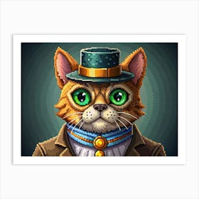 Pixelated Illustration Of A Cat Wearing A Top Hat And A Blue Scarf Art Print