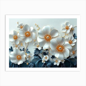 Sophisticated 3d Artwork Design, White and Blue Tones, Golden Jewelry, Floral Motifs 2 Art Print