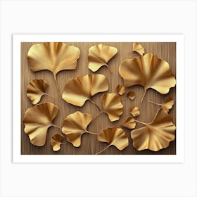 3d Golden Ginkgo Biloba Leaf and Leaves on a Brown Beige Background Art Print