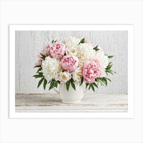 A Bouquet Of Pastel Pink And Pristine White Peonies With Hints Of Red Arranged Densely In A Natural (1) Art Print