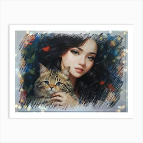 Portrait Of A Girl With A Cat Art Print