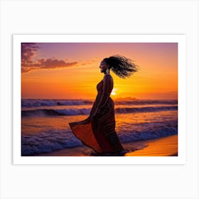 African Woman Radiant Smile Embracing The Warmth Of A Summer Sunset Silhouette Outlined Against T Art Print