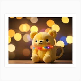 Yellow Plush Bear In A Cup With Colorful Lights On A Wooden Table Art Print