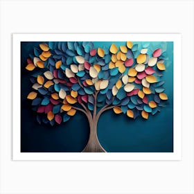 Colorful Tree With Leaves On Hanging Branches Of Blue, White And Golden Illustration Background Poster