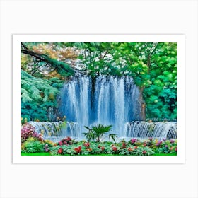 Serene Fountain in a Lush Garden in Toulouse France. This image depicts a serene waterfall cascading down into a tranquil pool, surrounded by a lush garden filled with vibrant flowers and greenery. The scene is framed by dense foliage, creating a peaceful and picturesque natural setting. Art Print