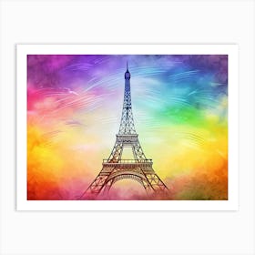 Eiffel Tower Watercolor Illustration With Rainbow Sky Art Print