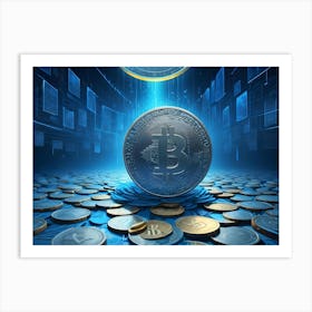 A Silver Bitcoin Coin Standing Tall On A Pile Of Various Cryptocurrency Coins, Set Against A Futuristic Blue Background With Glowing Lines And Data Charts Art Print