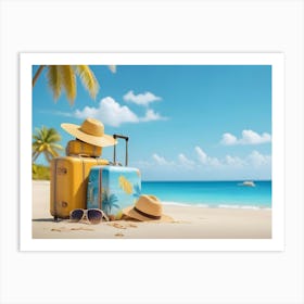 Two Suitcases And Beach Accessories On A Tropical Beach With Palm Trees And Turquoise Sea In The Background Art Print