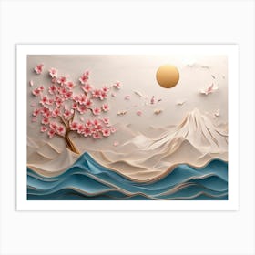 3d Sakura Tree and Mountain Art Print