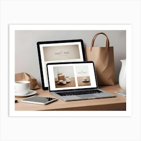 A Mockup Of A Laptop, Tablet, And Smartphone On A Wooden Desk With Other Office Supplies And A Paper Bag Art Print